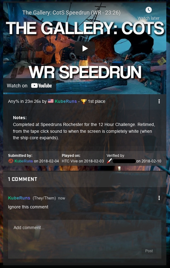 A comment section underneath KubeRuns' Call of the Starseed run listing.