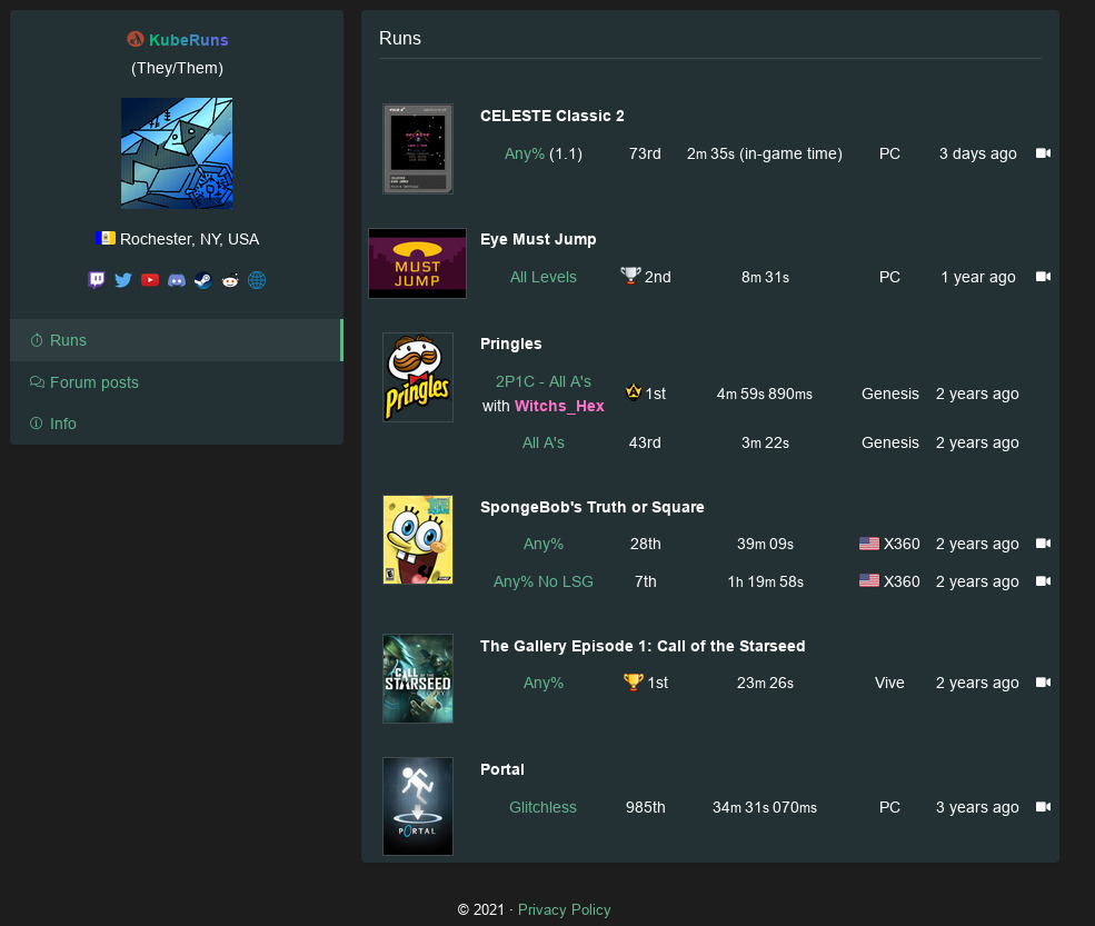 The old SRC profile page for KubeRuns. Notably absent is the Games Followed section.